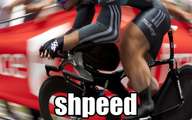 distorted image of a person biking, labelled 'shpeed'
